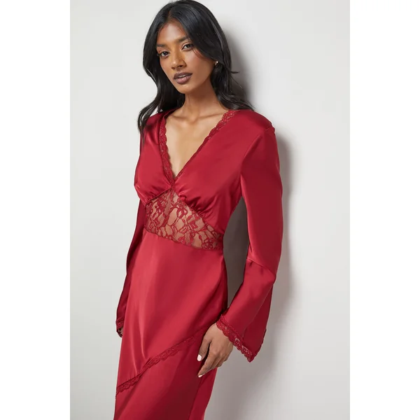 Robe Midi en Satin à Manches Évasées et Inserts de Dentelle