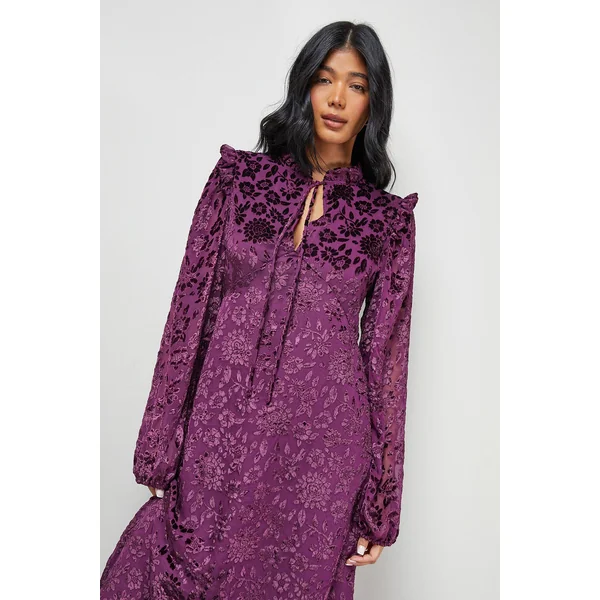 Robe Midi en Velours Dévoré à Volants aux Épaules et Lien Devant
