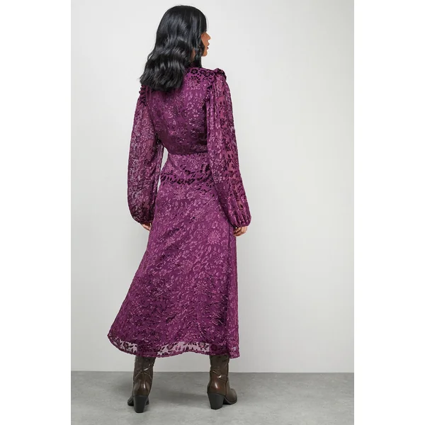 Robe Midi en Velours Dévoré à Volants aux Épaules et Lien Devant