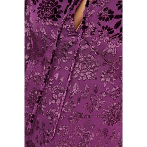 Robe Midi en Velours Dévoré à Volants aux Épaules et Lien Devant