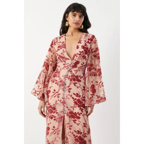 Robe Midi en Velours à Décolleté Plongeant et Manches Évasées Boutonnée