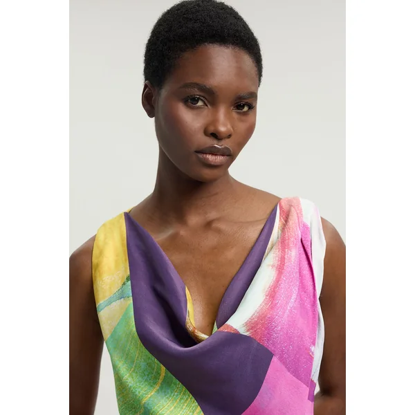Robe Midi En Viscose Satinée À Imprimé Abstrait Rose Avec Détail D'épaule Torsadé Petite