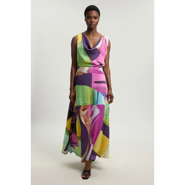 Robe Midi En Viscose Satinée À Imprimé Abstrait Rose Avec Détail D'épaule Torsadé Petite
