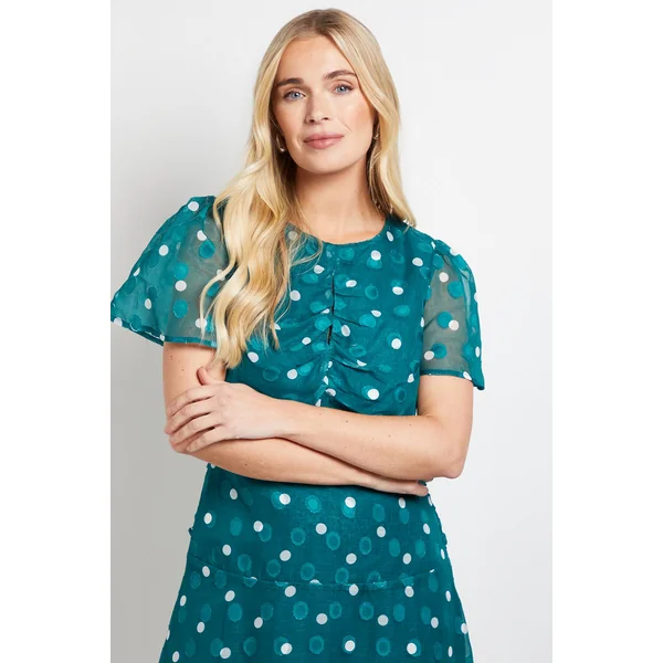 ROBE MIDI FRONCÉE PETITE TAILLE À POIS DÉVORÉS