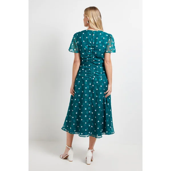 ROBE MIDI FRONCÉE PETITE TAILLE À POIS DÉVORÉS