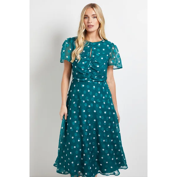 ROBE MIDI FRONCÉE PETITE TAILLE À POIS DÉVORÉS
