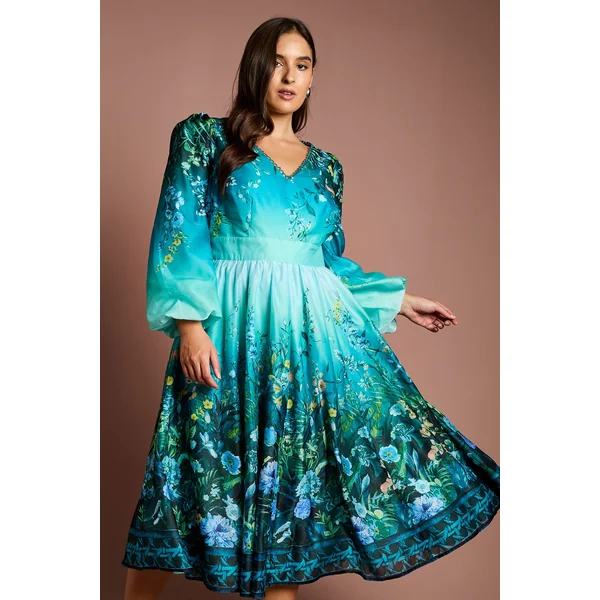 Robe Midi Grande Taille à Col V et Manches Longues avec Imprimé Placé en Organza