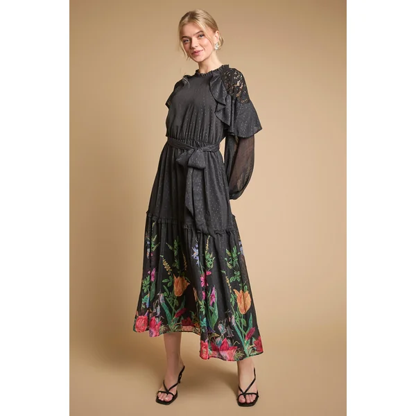 Robe Midi Imprimée En Mousseline Avec Cape Et Taille Ceinturée