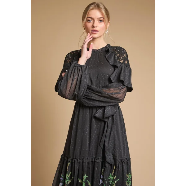 Robe Midi Imprimée En Mousseline Avec Cape Et Taille Ceinturée