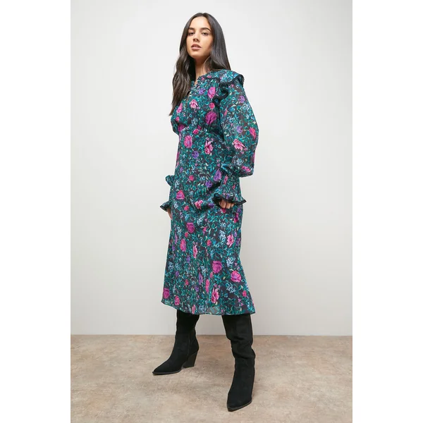 Robe Midi Imprimée à Manches Froncées Style Tea Dress