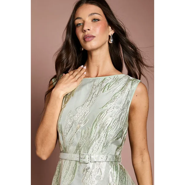 Robe Midi Jacquard Sans Manches Avec Ceinture