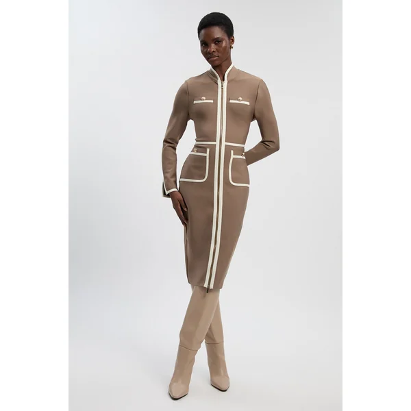 Robe Midi Militaire Moulante en Maille Bandage avec Détails de Passepoil