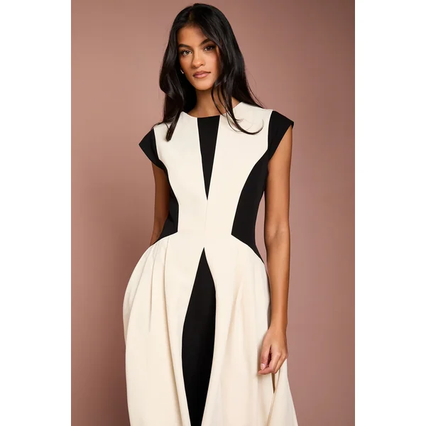 Robe Midi Petite en Crêpe à Blocs de Couleur