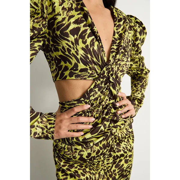Robe Midi Petite en Satin à Décolleté Plongeant et Taille Ajourée