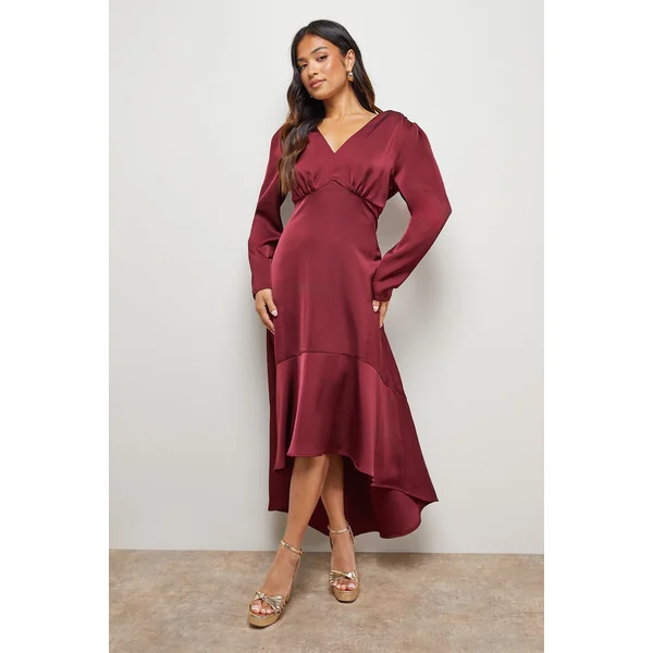 Robe Midi Petite en Satin à Manches Bouffantes Col V et Ourlet Asymétrique