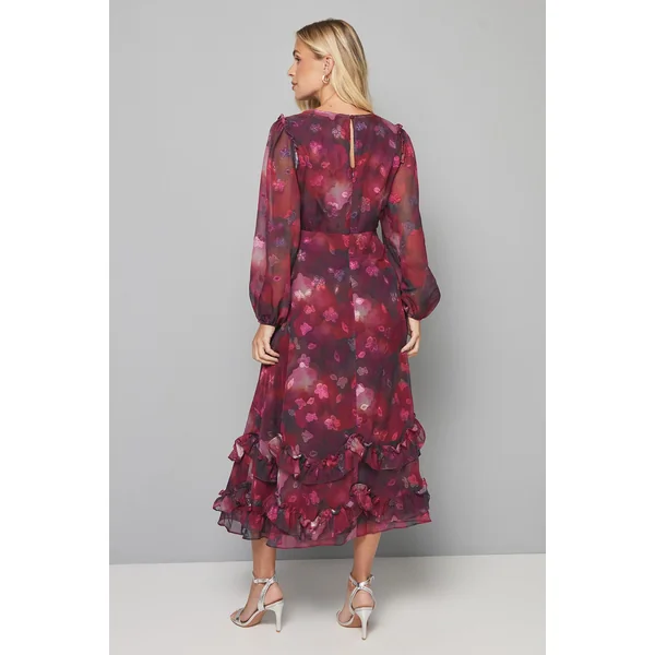 Robe Midi Petite à Imprimé Floral en Satin avec Ourlet à Volants