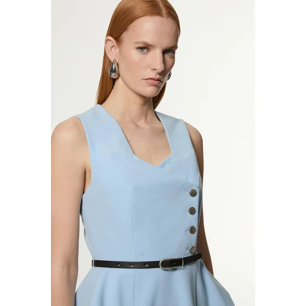 Robe Midi Petite À Jupe Évasée Avec Ceinture Et Détail Péplum En Tissu Stretch Compact