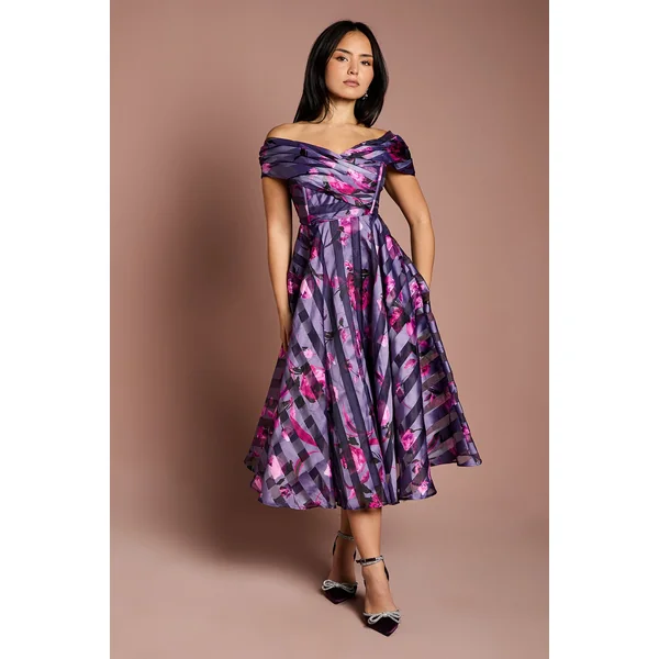 Robe Midi Plissée en Organza Rayé Petite Taille