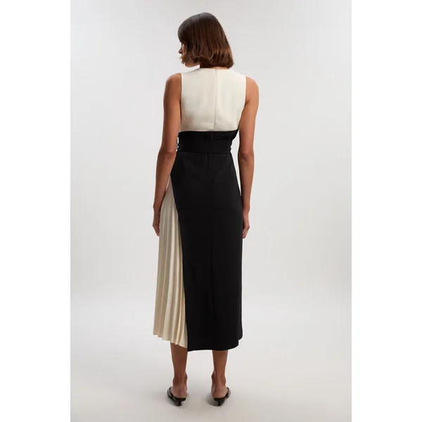 Robe Midi Plissée sur les Côtés à Blocs de Couleurs Coupe Ajustée Souple