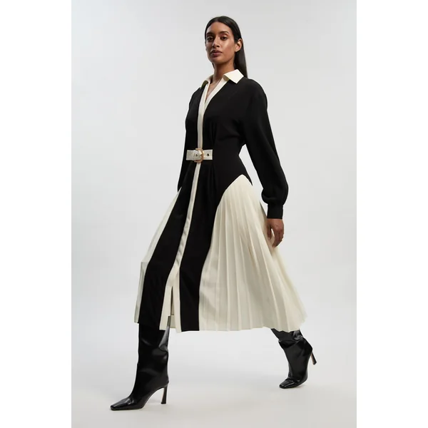 Robe Midi Plissée à Ceinture en Crêpe Tailleur avec Blocs de Couleur