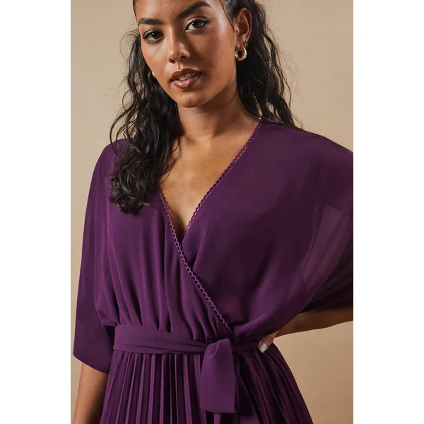 Robe Midi Plissée à Manches Kimono Petite Occasion