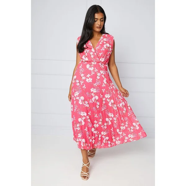 Robe Midi Portefeuille Plissée à Motifs Floraux