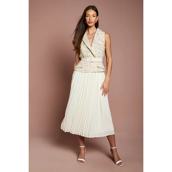 Robe Midi Sans Manches en Mélange de Tweed avec Ceinture