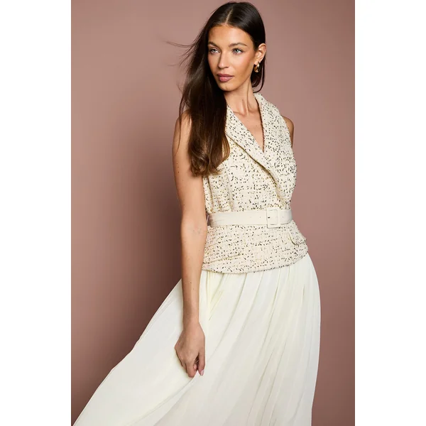 Robe Midi Sans Manches en Mélange de Tweed avec Ceinture