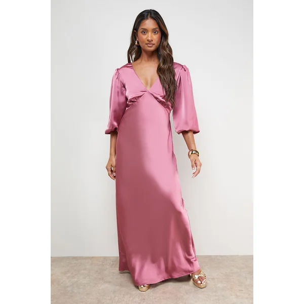 Robe Midi Satinée à Col V et Manches Ballon Taillée en Biais
