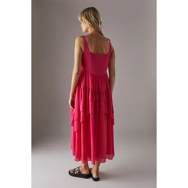 Robe Midi Smock à Volants Étagés en Mousseline