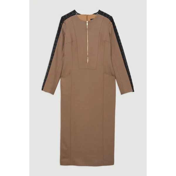 Robe midi Tall Tailored en sergé et dentelle mixte avec zip à l’avant