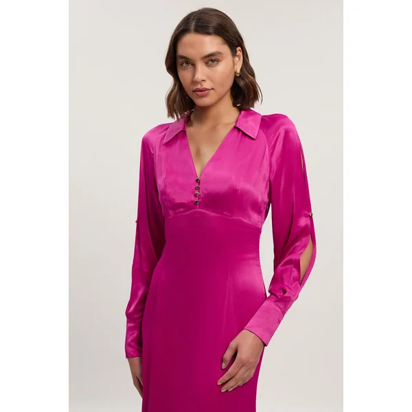 Robe Midi Tissée en Satin de Viscose à Col V et Manches Longues