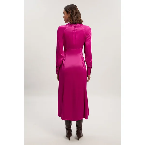 Robe Midi Tissée en Satin de Viscose à Col V et Manches Longues