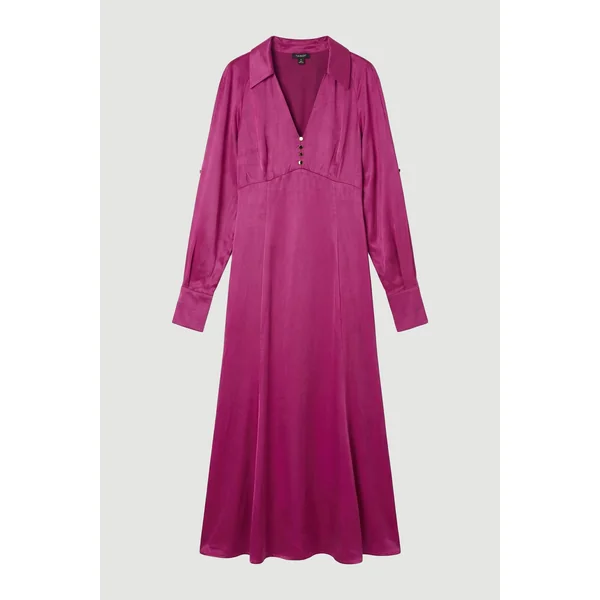 Robe Midi Tissée en Satin de Viscose à Col V et Manches Longues