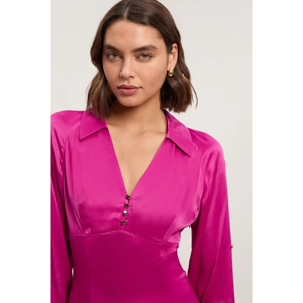 Robe Midi Tissée en Satin de Viscose à Col V et Manches Longues