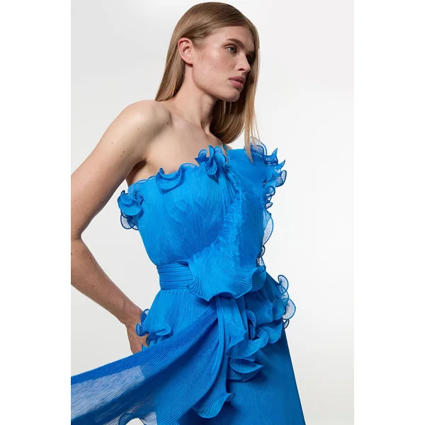 Robe midi tissée sans bretelles Digital Ophelia en géorgette froissée à plis fins
