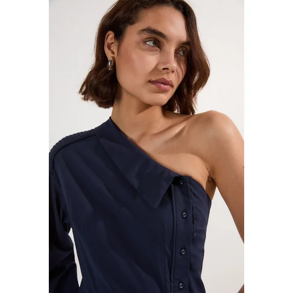 Robe Midi Tissée Une Épaule en Popeline de Coton avec Détails de Surpiqûres