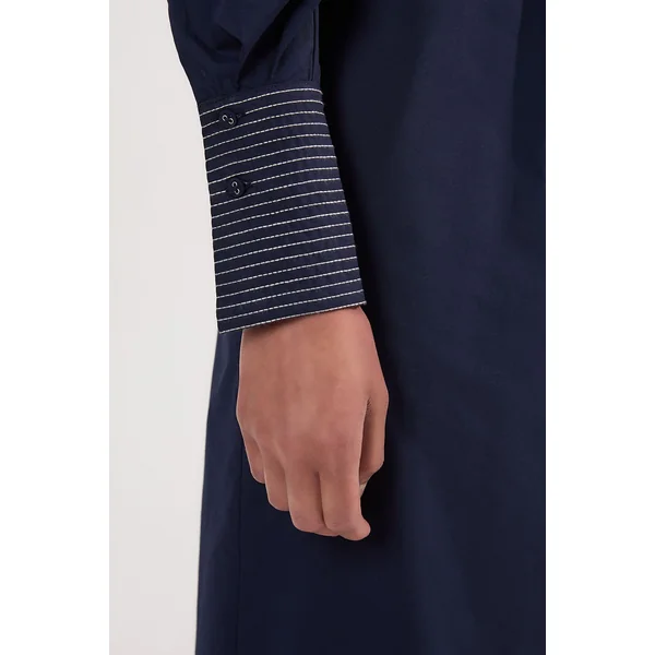 Robe Midi Tissée Une Épaule en Popeline de Coton avec Détails de Surpiqûres