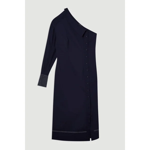 Robe Midi Tissée Une Épaule en Popeline de Coton avec Détails de Surpiqûres