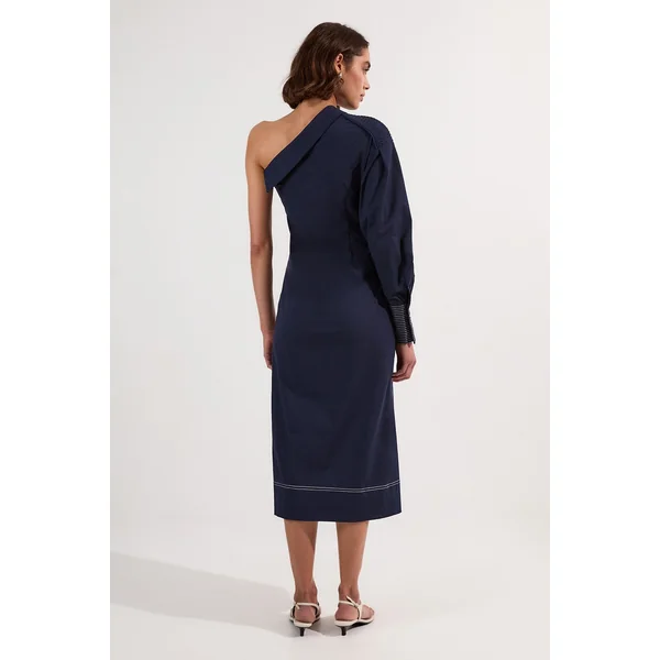 Robe Midi Tissée Une Épaule en Popeline de Coton avec Détails de Surpiqûres