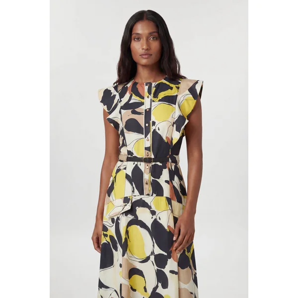 Robe Midi Tissée À Imprimé Abstrait En Viscose Lin Avec Manches À Volants