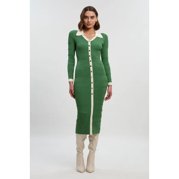 Robe Midi Tricotée Petite Taille avec Détail Côtes Contrastées et Boutons en Viscose