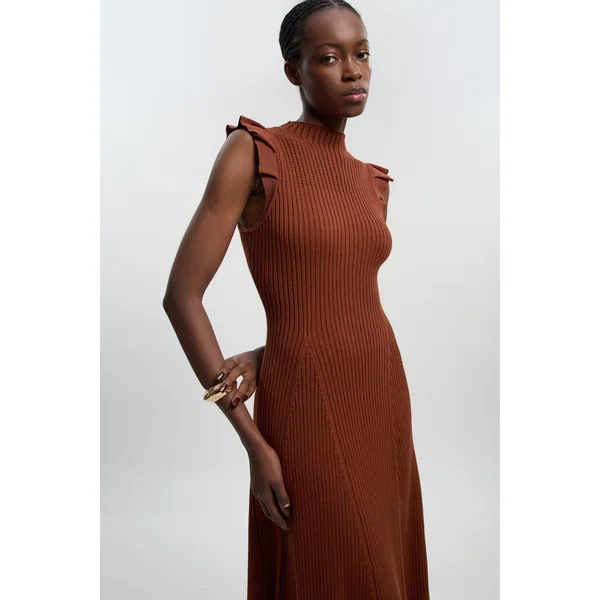 Robe Midi Tricotée À Manches À Volants En Pointelle Petite Taille