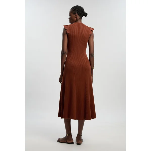 Robe Midi Tricotée À Manches À Volants En Pointelle Petite Taille