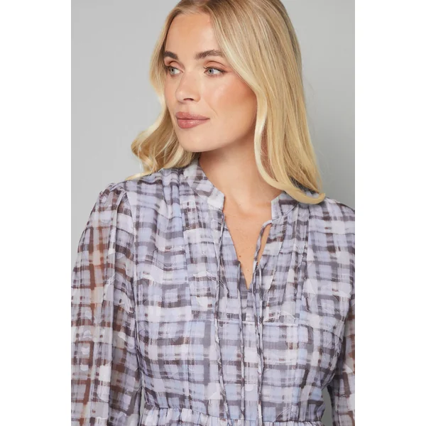Robe Midi à Carreaux Dévorés avec Nœud Devant Petite Taille