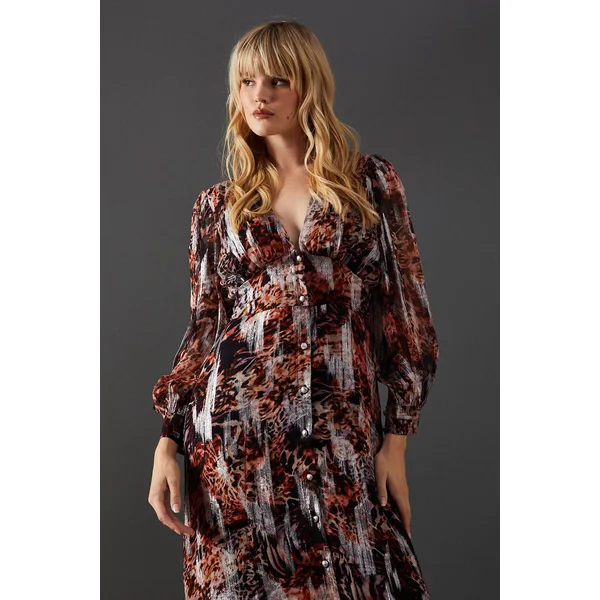 Robe Midi à Col Plongeant et Boutonnage Intégral en Jacquard Métallisé