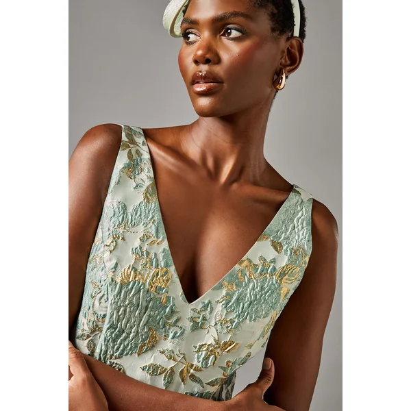 Robe Midi à Col V et Jupe Ample en Jacquard Fleuri