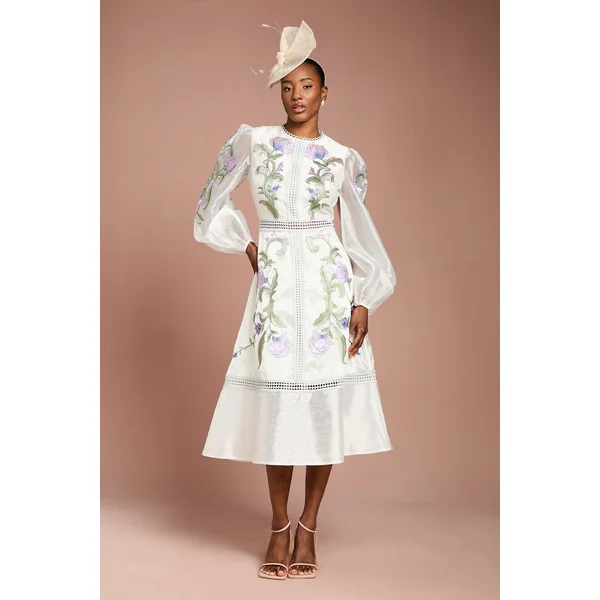 Robe Midi À Manches Bouffantes Brodée