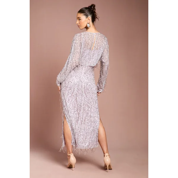 Robe Midi à Manches Chauve-Souris Ornée de Pompons