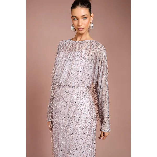 Robe Midi à Manches Chauve-Souris Ornée de Pompons